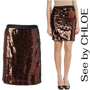CHLOÉ See by Chloe Sequin Skirt Bronze Pencil $1300 Small